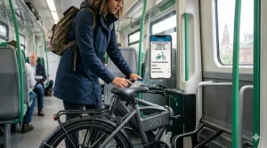 A compact folding electric bike with Bluetooth connectivity being carried onto a British railway carriage for a multi-modal commute.