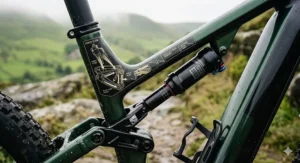 Alt text for a technical diagram on a green electric bike frame showing the force flow and load paths of the rear suspension linkage system.