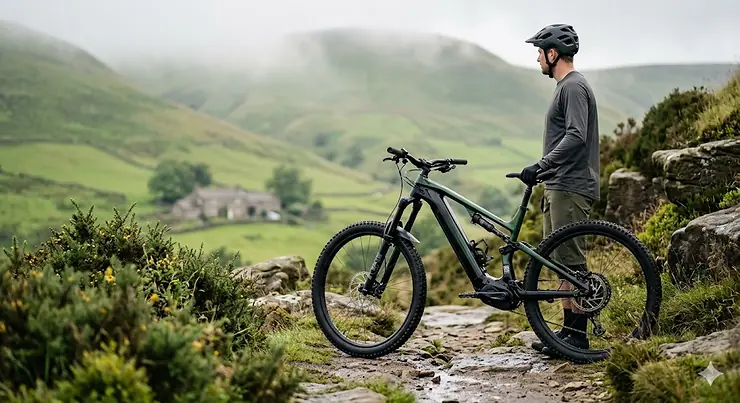 Alt text for a high-performance full suspension electric bike and rider on a misty Peak District trail with a traditional British stone farmhouse in the background. full suspension electric bikes