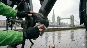 Detailed view of hydraulic disc brakes on an e-bike, providing essential stopping power on slippery, wet British roads.