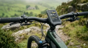 Alt text for a close-up of an e-bike downtube featuring an integrated battery and a touchscreen interface displaying real-time suspension sensor data.