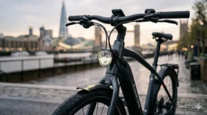 Close-up of a high-lumens LED headlight built into the handlebars of an electric bike for night-time visibility.