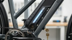 A photorealistic view of an integrated lithium-ion battery on a reliable electric bike, showing 45 miles of range remaining.