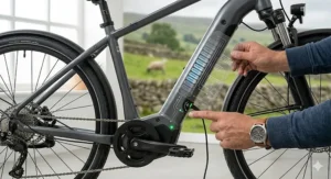 A cross-section illustration of an integrated e-bike battery with a digital overlay showing charging status and energy cells.