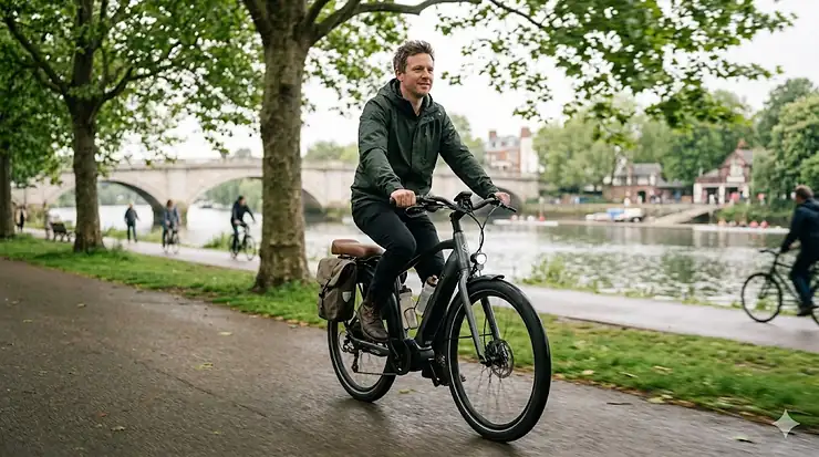 Alt text for image 1: A person riding one of the most comfortable electric bikes with an upright frame and plush saddle along a leafy London riverside cycle path on a soft, natural overcast day. most comfortable electric bikes