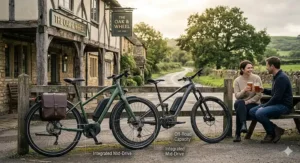 Two premium electric bikes leaning against a wooden fence outside a traditional British country pub.