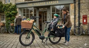 A premium electric cargo bike parked on a high street, showing pannier racks and child seat compatibility.