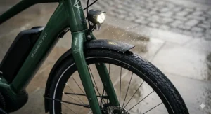 A premium electric city bike equipped with full-length mudguards and integrated lights for UK commuting.