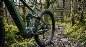 A premium electric mountain bike navigating a damp woodland trail in the Peak District.