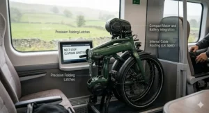 A compact premium folding electric bike being carried onto a UK train during a multi-modal commute.