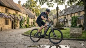 A cyclist enjoying a silent ride on a belt drive e-bike through a quiet Cotswolds village, emphasising the noise reduction over traditional chains.