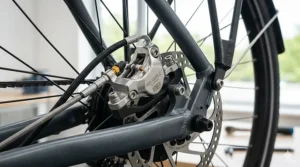 High-detail shot of hydraulic disc brakes on an e-bike, essential for reliable stopping power in wet British weather.