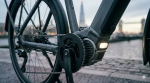 A locked electric bike in a city centre, demonstrating how built-in lights are harder to steal than detachable accessories.