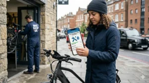 Illustration of an ebike sending a maintenance alert to a phone via Bluetooth, notifying the rider of a scheduled service at a UK bike shop.