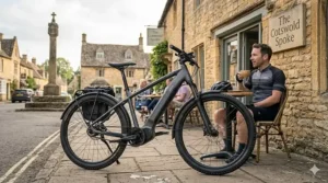 A modern step-through belt drive electric bike parked outside a British cafe, featuring integrated mudguards and pannier racks.