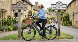 A comfortable step-through electric leisure bike designed for easy mounting, available in the £1000-£2000 UK market.