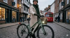 A step-through electric hybrid bike equipped with mudguards and built-in lights, ideal for UK shopping trips.