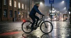Side view of an electric bike with built-in lights illuminating a wet pavement in a UK city at night.