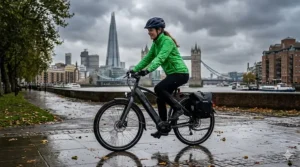 A side view of a commuter e-bike with integrated battery and full mudguards, parked on a damp pavement near the River Thames in London.