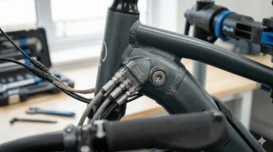Close-up of weather-sealed internal cable routing on a durable e-bike frame, designed for reliable use in the UK.