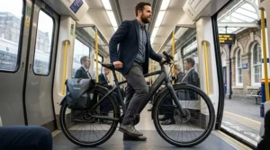 Illustration of a belt drive electric bike standing in the rain, showing why rust-free belts are ideal for the British climate.