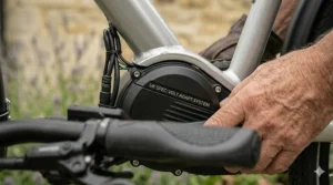 The clear, easy-to-read digital console on an adapted electric bike displaying speed and battery life for the rider.