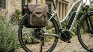 An adapted electric bike equipped with a sturdy rear pannier rack and basket for carrying shopping or essentials.