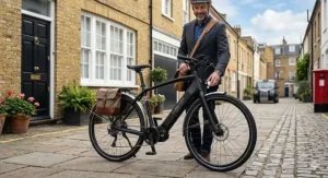 A commuter riding a carbon fibre electric bike equipped with mudguards and a rear rack through a leafy London cycle superhighway.