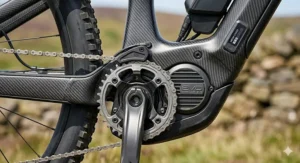 Close-up of the reinforced carbon fibre weave on an electric bike frame, highlighting the matte finish and seamless joints.