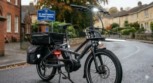 Close-up of integrated LED lights and reflective tyres on an e-cargo bike for visibility during winter school runs.