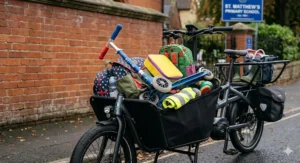 The large front bucket of an e-bike filled with school bags, lunchboxes, and a child’s scooter.
