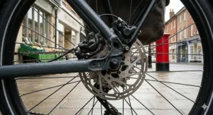 A close-up of a cargo ebike motor and battery showing enough range for multiple shopping trips.