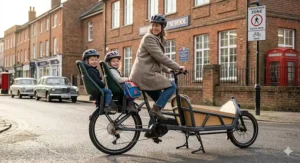 A longtail cargo ebike fitted with two child seats and safety bars for the morning school run.