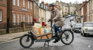Close-up of powerful hydraulic disc brakes on a cargo ebike, providing safety when carrying heavy shopping loads.