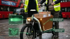 Illustration of integrated LED lighting and reflective safety gear on a heavy duty cargo electric bike.