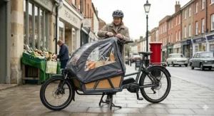 A cargo ebike featuring a waterproof rain canopy, essential for cycling in British weather.