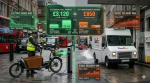 Infographic comparing the running costs of a heavy duty cargo electric bike versus a traditional delivery van.