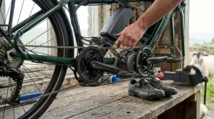 Detachable battery pack being charged for an electric tandem bike.