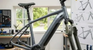 A detailed view of a grey electric touring bicycle frame mounted on a workshop stand, emphasizing the clean welds, sturdy top tube geometry, internal cable routing, and front suspension forks.