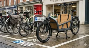 A compact electric cargo bike fits easily into a standard UK cycle parking space.