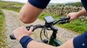 Illuminated digital console on an electric tandem bike handlebar showing battery levels.