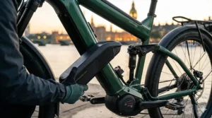 Handlebar-mounted digital display on a high spec electric bike showing GPS navigation and battery range.