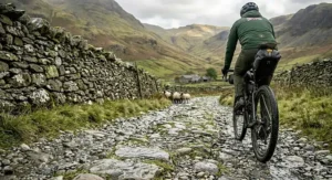 A low-angle close-up from behind an electric bike's rear tyre, showing the bike tackling a rough, water-splashed stone track whilst approaching a small flock of sheep.