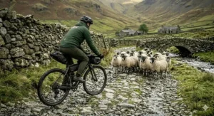 A cyclist pausing on a rocky trail next to a flock of sheep and an old stone arch bridge over a running stream in the rugged fells.