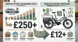 An infographic comparing the monthly fuel costs of a car versus charging an electric cargo bike in the UK.