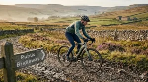 A photorealistic 4K photograph capturing a cyclist (from the featured image) riding the specific light green electric cyclocross bicycle along a challenging, ancient dry stone wall-lined bridleway in the rolling Yorkshire Dales during late autumn golden hour. The bike's motor is visible as it navigates deep, wet mud and gravel, consistent with previous illustrations.