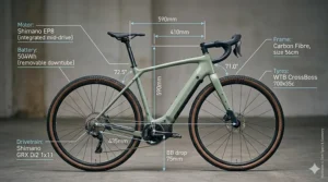 A high-resolution, photorealistic 4K product photograph of the specific light green electric cyclocross bike frame and components, featuring detailed graphical overlays. White and light blue measurement lines indicate crucial geometry figures such as head tube angle, reach, and stack. Precise text labels list technical specifications: 'Motor: Shimano EP8 (integrated mid-drive)', 'Battery: 504Wh (removable downtube)', 'Frame: Carbon Fibre, 56cm', 'Tyres: WTB CrossBoss 700x35c', and 'Drivetrain: Shimano GRX Di2 1x11'. The natural light highlights the clean, technical aesthetic, presented against a minimalist studio background with soft bokeh.