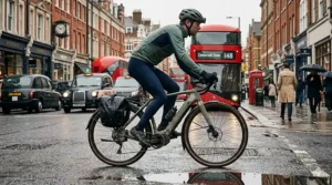 An electric cyclocross bike, consistent with the model shown in the featured image but now fitted with full black mudguards and a rear pannier bag, being ridden past iconic red buses and historic brick buildings on a wet London street during an overcast morning commute.