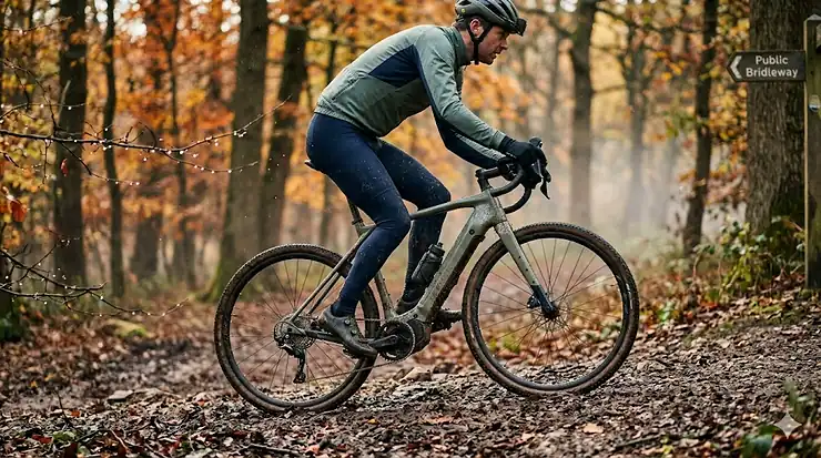 A photorealistic 4K close-up of a mud-splattered electric cyclocross bike and its rider navigating a leaf-strewn, rugged UK woodland trail in soft, natural autumn light. electric cyclocross bike