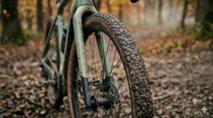 A detailed 4K macro photorealistic close-up capturing the front tyre of the light green electric cyclocross bike seen in the featured image. The WTB CrossBoss 700x35c tyre is heavily caked with thick, wet, textured mud from a British woodland trail (consistent with 4399888999773511247.jpeg). The aggressive knobby tread pattern is emphasized, gripping into the soft ground. Natural light highlights the fine grit and textures of the mud and the tyre rubber against a soft bokeh of a wet forest floor.